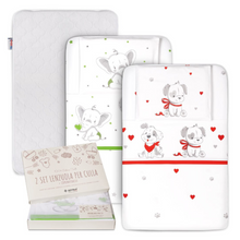 Carica l'immagine nel visualizzatore di Gallery, 2 set completi da 3 pezzi + coprimaterasso per culle "Next to Me" 100% Cotone e certificate Oeko-Tex®.