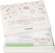 Carica l'immagine nel visualizzatore di Gallery, 2 set completi da 3 pezzi + coprimaterasso per culle "Next to Me" 100% Cotone e certificate Oeko-Tex®.