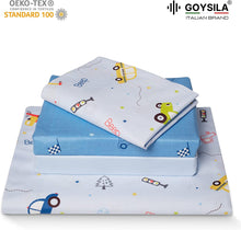 Carica l'immagine nel visualizzatore di Gallery, Set da 4 pezzi per culle "Next to Me", 100% Cotone Twill azzurro e certificate Oeko-Tex®.