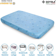 Carica l'immagine nel visualizzatore di Gallery, Set da 2 pezzi + coprimaterasso per culle "Next to Me", 100% Cotone e certificate Oeko-Tex® azzurre.